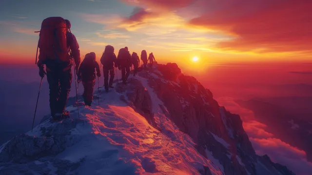 Hikers silhouetted on a snowy mountain ridge at sunset with orange sky and clouds below.