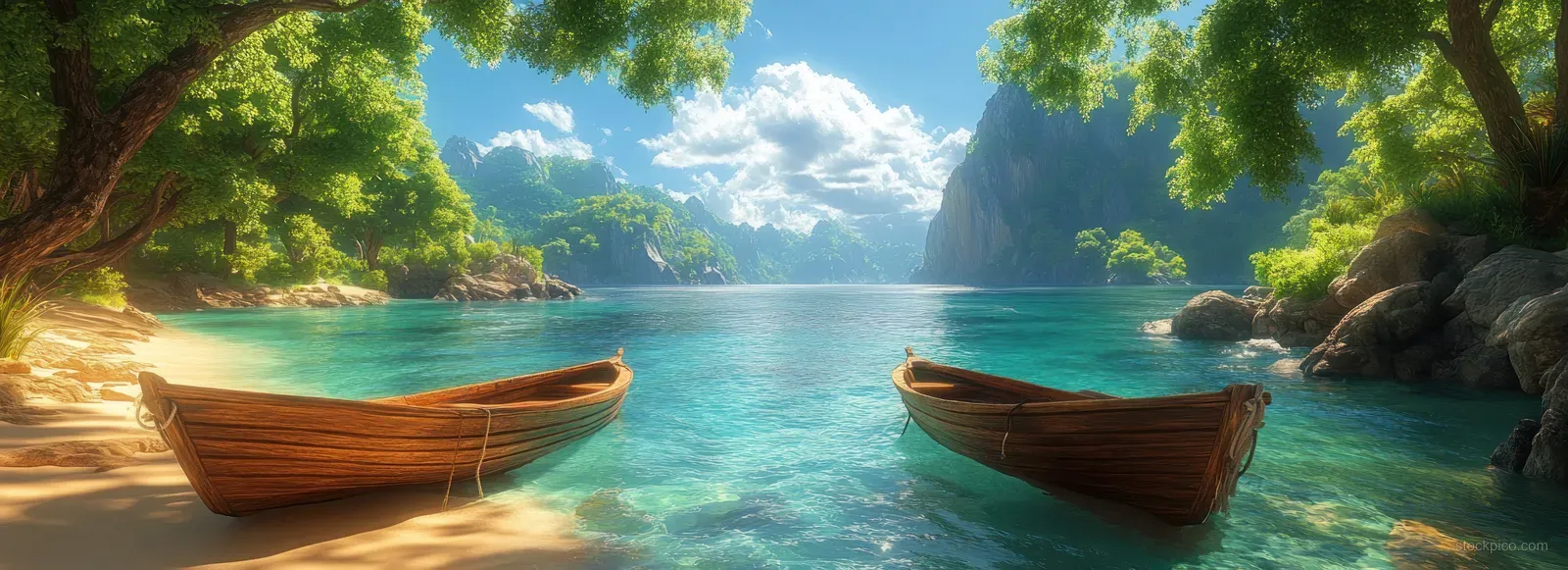 Two traditional wooden boats rest in turquoise water beside a sandy tropical beach with green cliffs and sunshine.