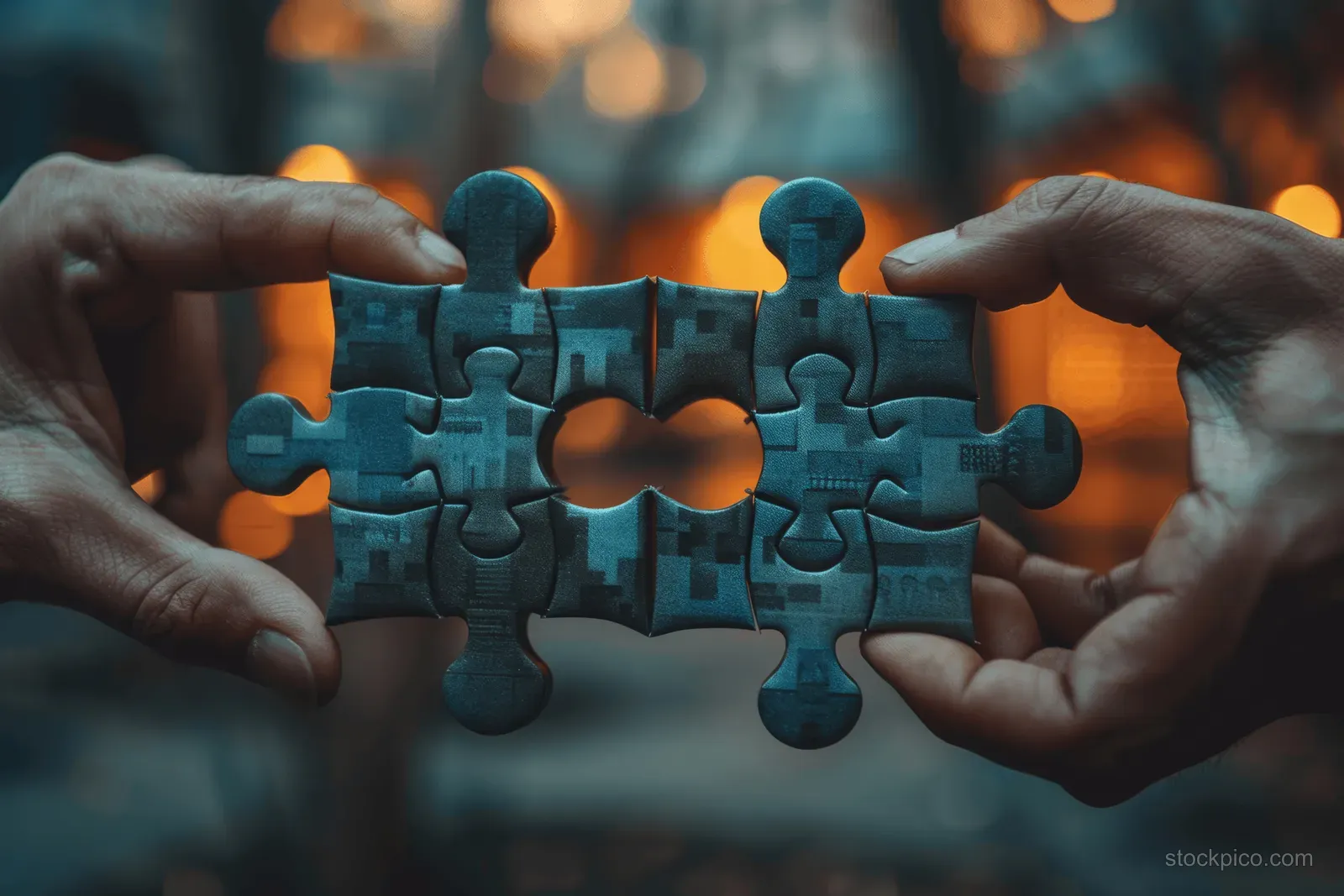 Multiple hands place colorful jigsaw puzzle pieces together against a blurred office-like background.