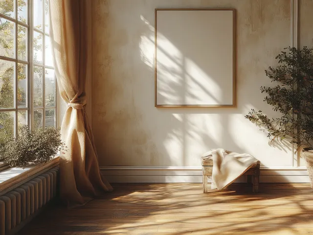 Minimalist room with a blank wall frame, sunlight shadows from a window, and warm earth-tone decor.