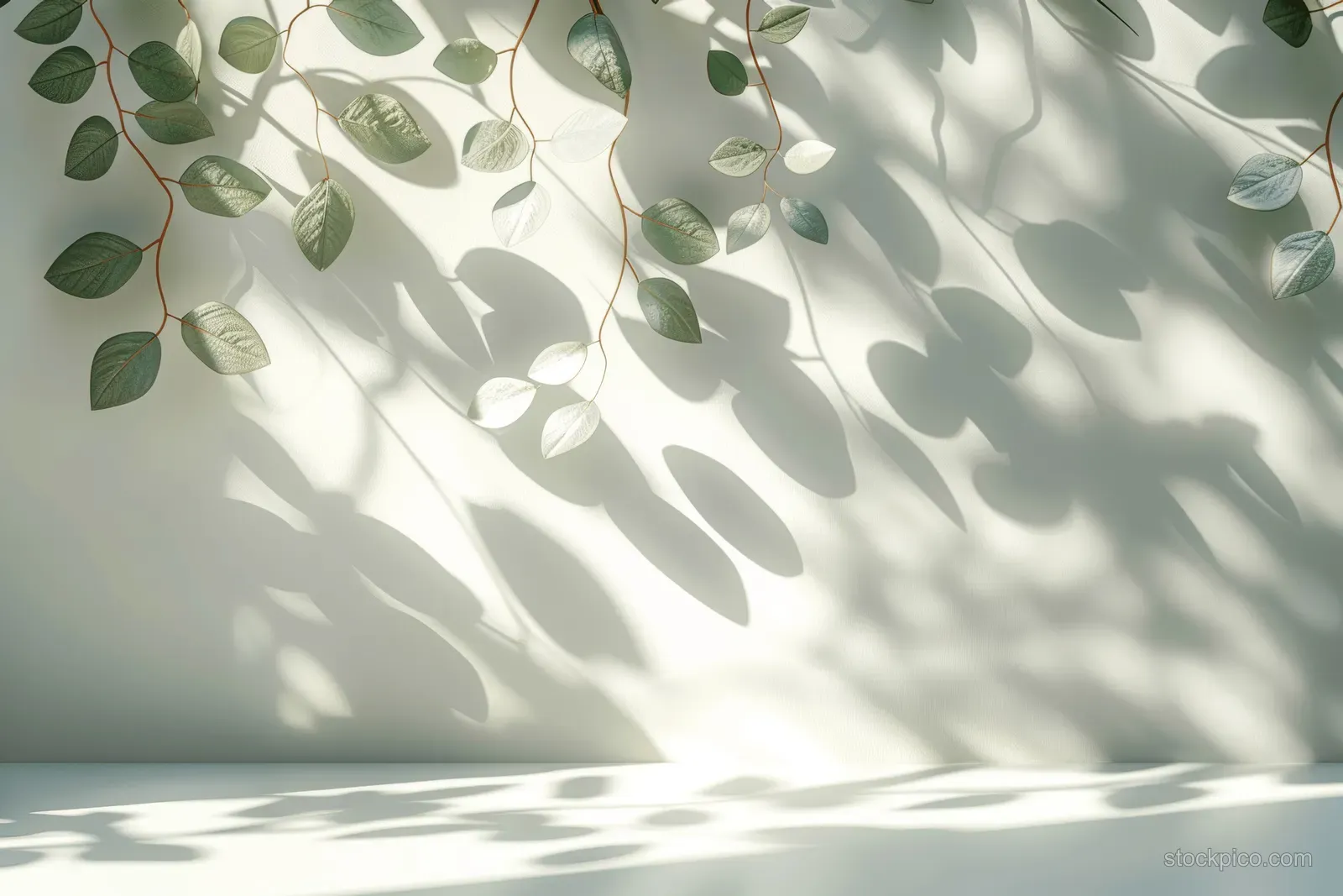 Leaf shadows fall across a white wall in bright sunlight.