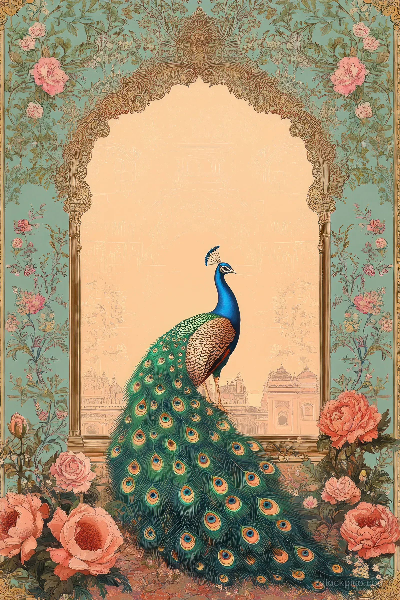 A peacock stands under a Mughal-style arch covered with pink flowers and floral patterns in a garden scene.