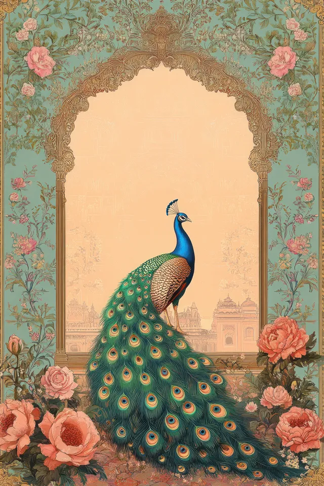 Mughal garden arch invitation featuring a peacock and floral ornament frame