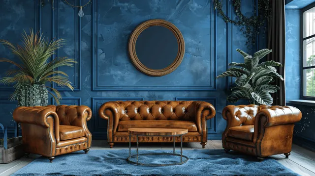 Tan leather sofa and armchairs arranged in a modern living room against a dark blue paneled wall with a nearby window.