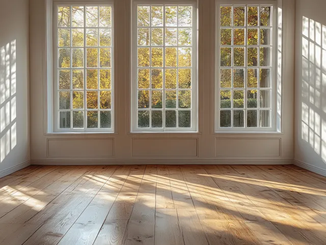 Sunlight streams through three windows in an empty Scandinavian room, casting shadows on a light wood floor.