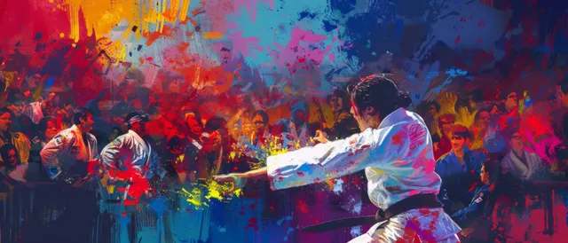 Portuguese female judoka throws opponent in arena with confetti and cheering crowd