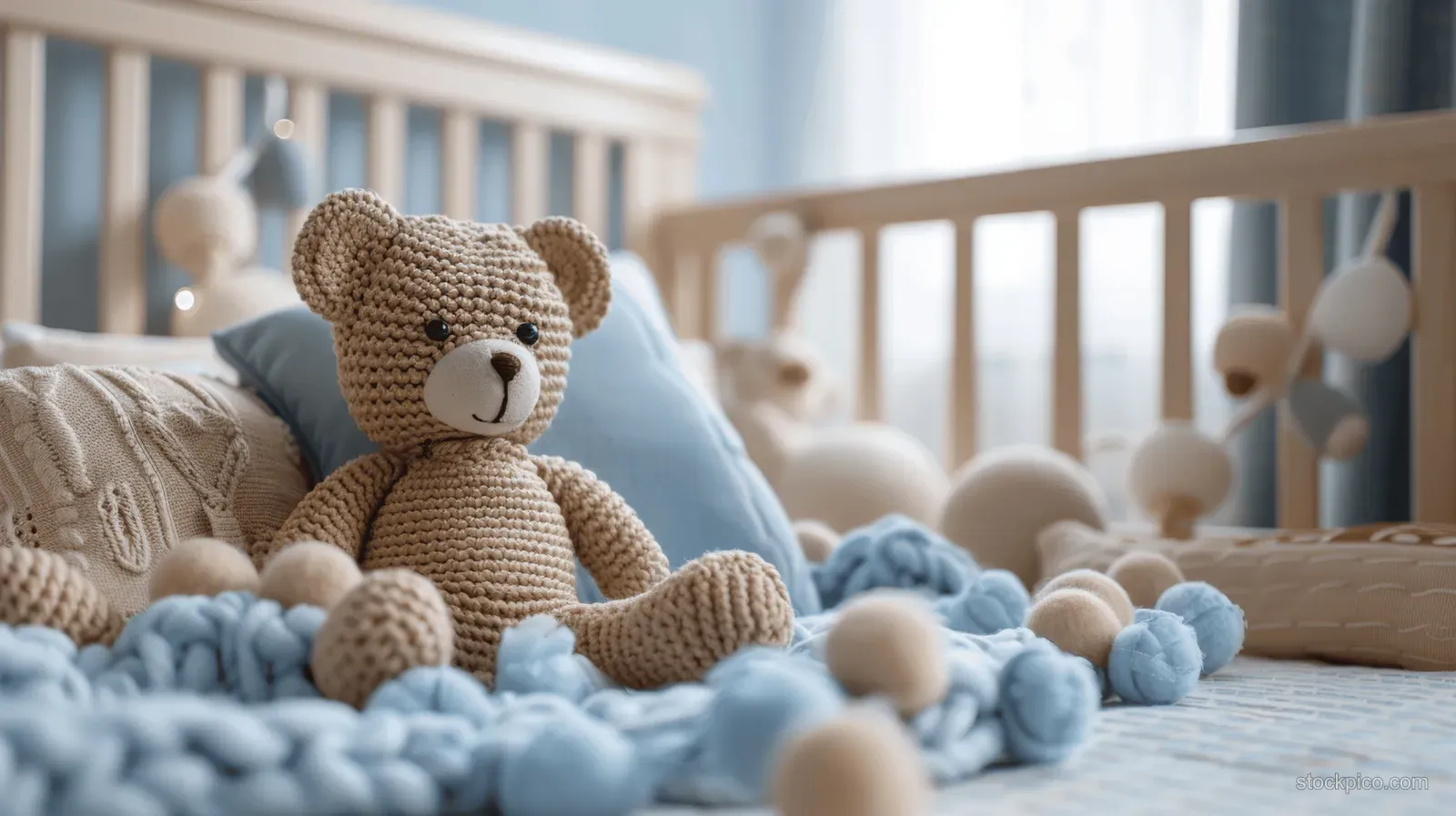 A knitted teddy bear sits on a blue blanket next to a wooden baby crib in a softly lit nursery.