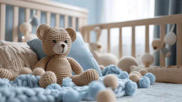 Knitted teddy bear sitting in a blue nursery on a soft blanket near a wooden crib
