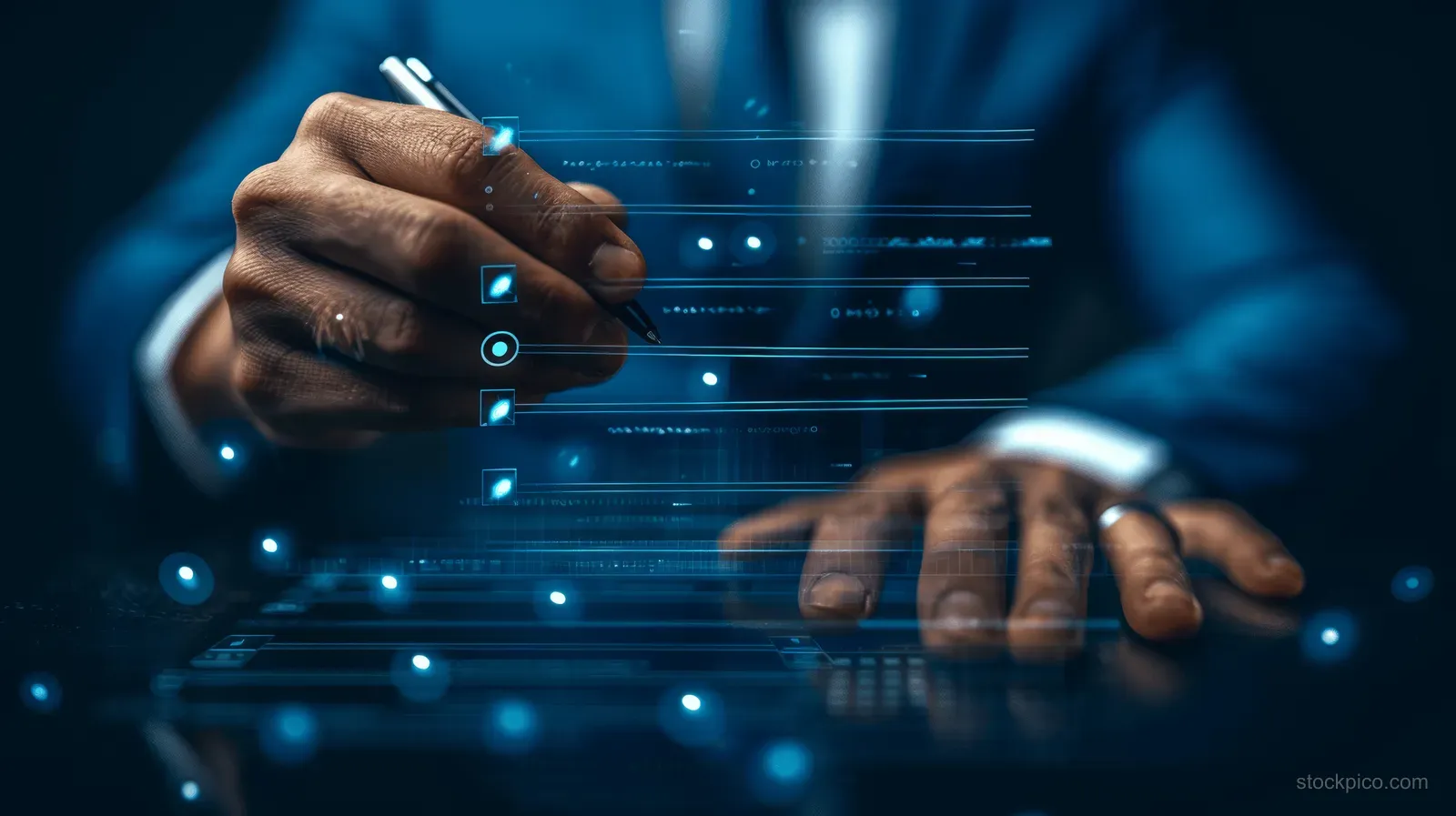 A businessman using a smartphone to complete a digital checklist with a blue analytics interface background.
