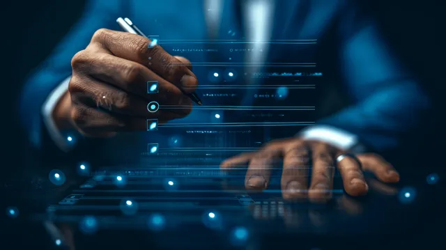 A businessman using a smartphone to complete a digital checklist with a blue analytics interface background.