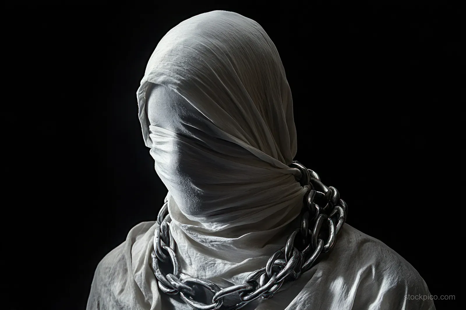 A person with a cloth-covered head and face wears a heavy metal chain around the neck against a black background.