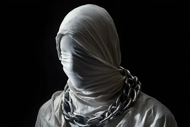 A person with a cloth-covered head and face wears a heavy metal chain around the neck against a black background.