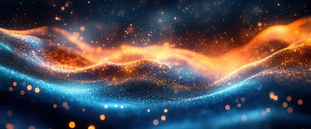 Glowing blue and orange light waves ripple across a dark futuristic network space with floating particles.