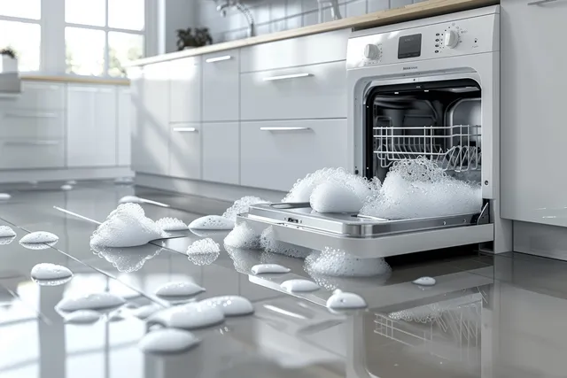 Dishwasher door open with foamy water spilling onto a white tiled kitchen floor.