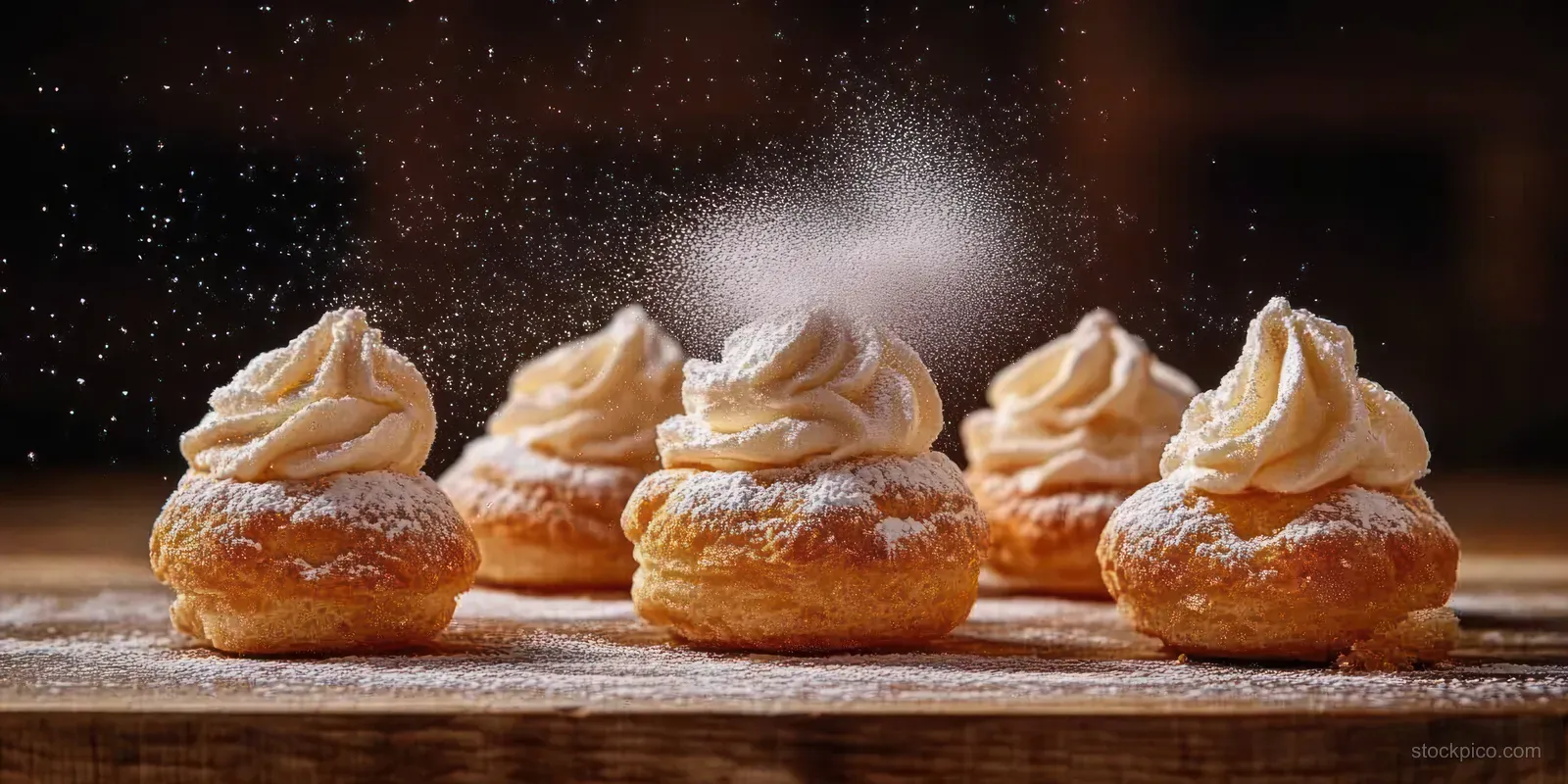 Five cream puffs topped with whipped cream swirls as powdered sugar dusts them on a wooden surface against a dark background.