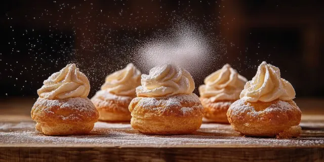 Five cream puffs topped with whipped cream swirls as powdered sugar dusts them on a wooden surface against a dark background.