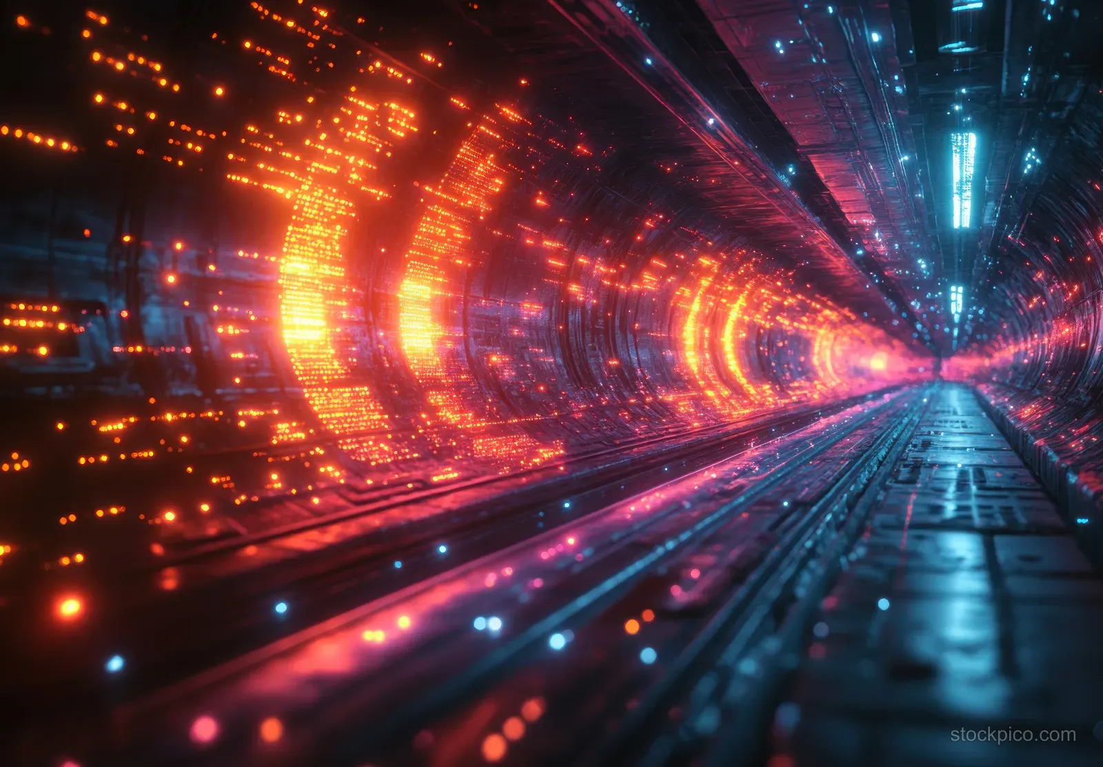 A neon-lit tunnel with glowing orange and blue light streaks and reflective surfaces.
