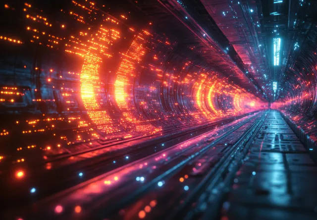 Neon-lit futuristic tunnel with glowing geometric data streams