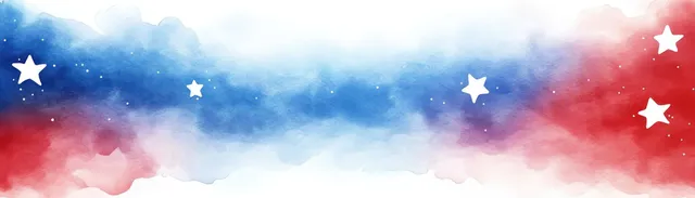 Watercolor patriotic background with blue and red gradient sky and scattered white stars over soft cloud-like paint.