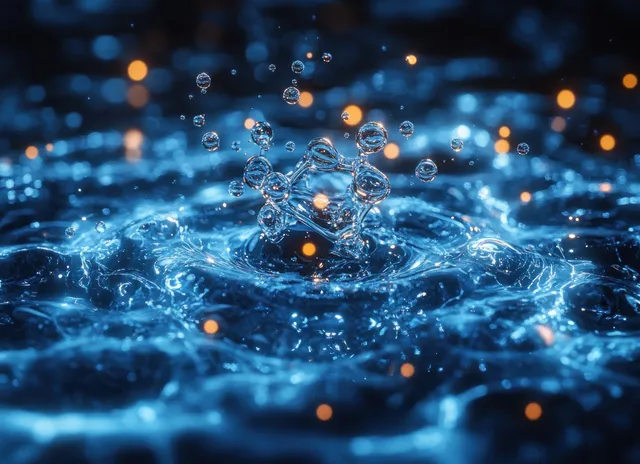 Molecular water bubbles swirling in blue liquid with glowing particle droplets