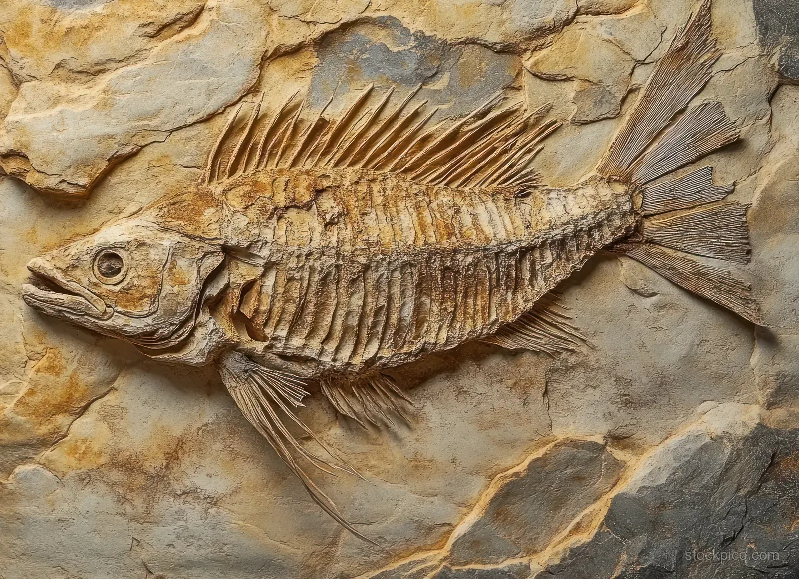 Fossilized prehistoric fish lies in layered sedimentary rock with visible spine and fins.