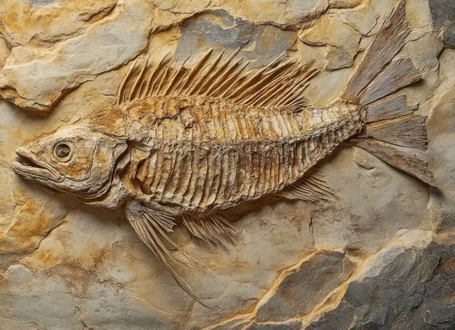 Fossilized prehistoric fish lies in layered sedimentary rock with visible spine and fins.