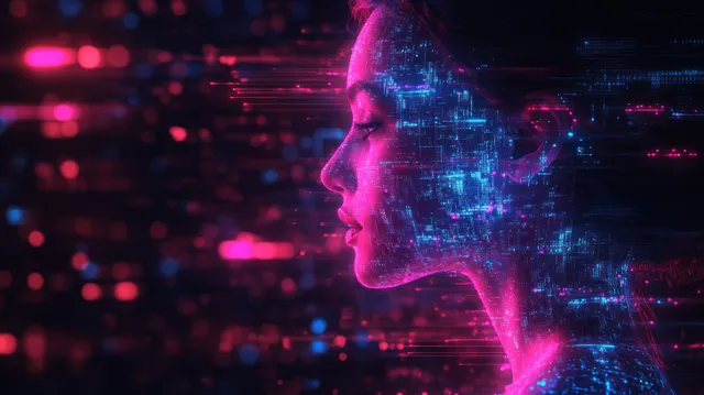 Futuristic cyborg head profile with glowing circuitry, neon data and holographic grid