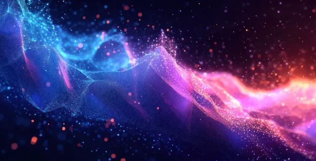 Symmetric digital data waves with polygonal glow and sparkling particles in nebula-like cyberspace