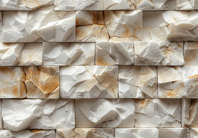 Close-up of a beige and white stacked stone brick wall texture with smooth seams and visible cracks.
