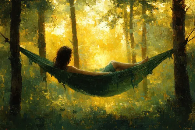 Woman relaxing in a hammock under tall trees, reading in golden sunlight