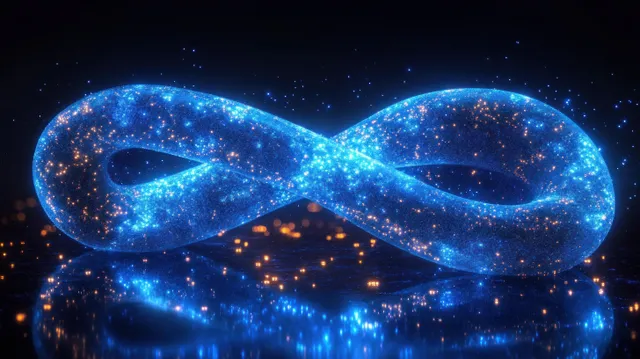 A glowing blue infinity symbol made of sparkling particles reflects on a shiny surface in a dark background.