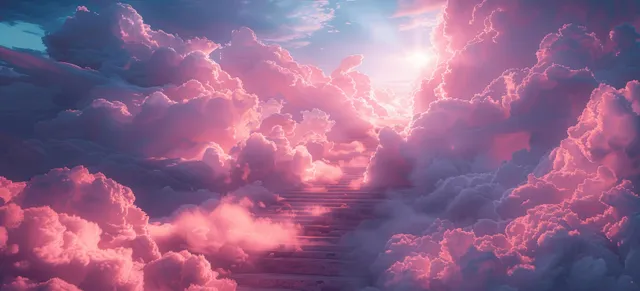 Radiant clouds and a glowing path fade into the sky at sunrise.