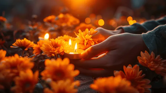 Hands lighting candles beside a grave with orange chrysanthemums at sunset glow with Grief And Mourning