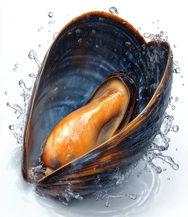 A hyper-realistic open mussel shell with a dramatic water splash against a clean white background.