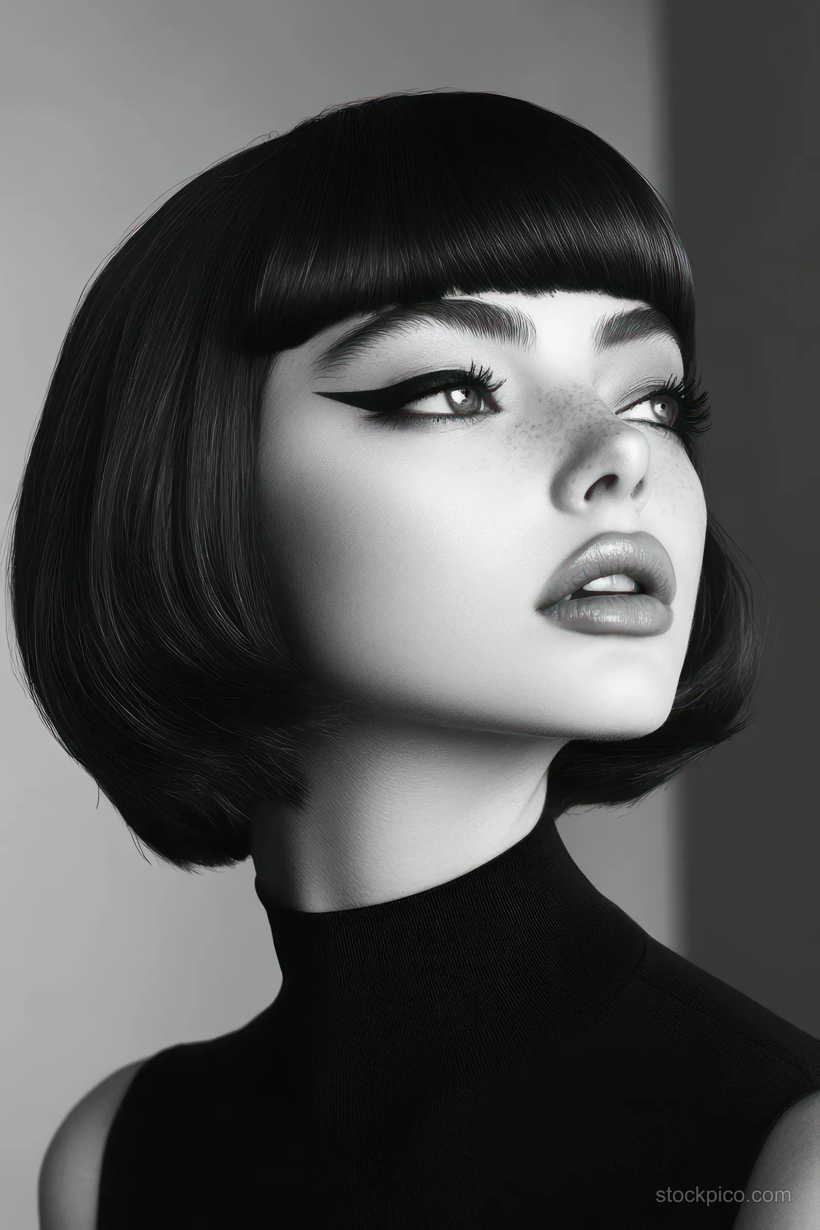 A woman with a sleek bob haircut and winged eyeliner looks upward in a black-and-white portrait.