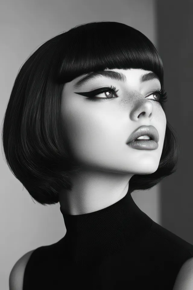 Monochrome portrait of woman with sleek bob and winged eyeliner