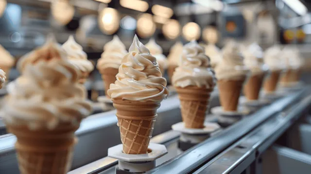Soft-serve ice cream cones sit on a conveyor belt inside an automated ice cream production facility.