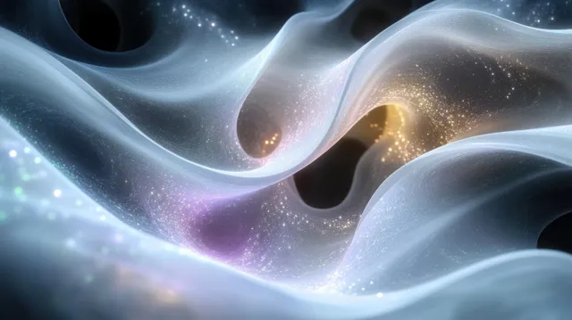 Translucent wave forms shimmer under soft blue and purple light with floating glowing particles.
