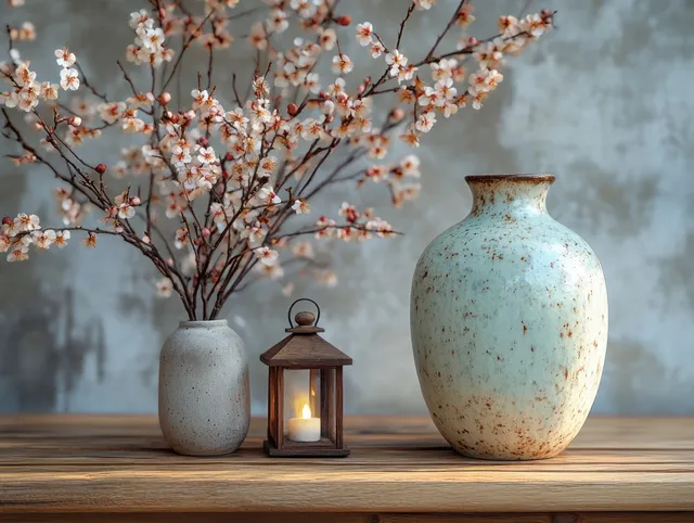 Ceramic vase and lit lantern candle on a light wood shelf beside a pale blossom branch.