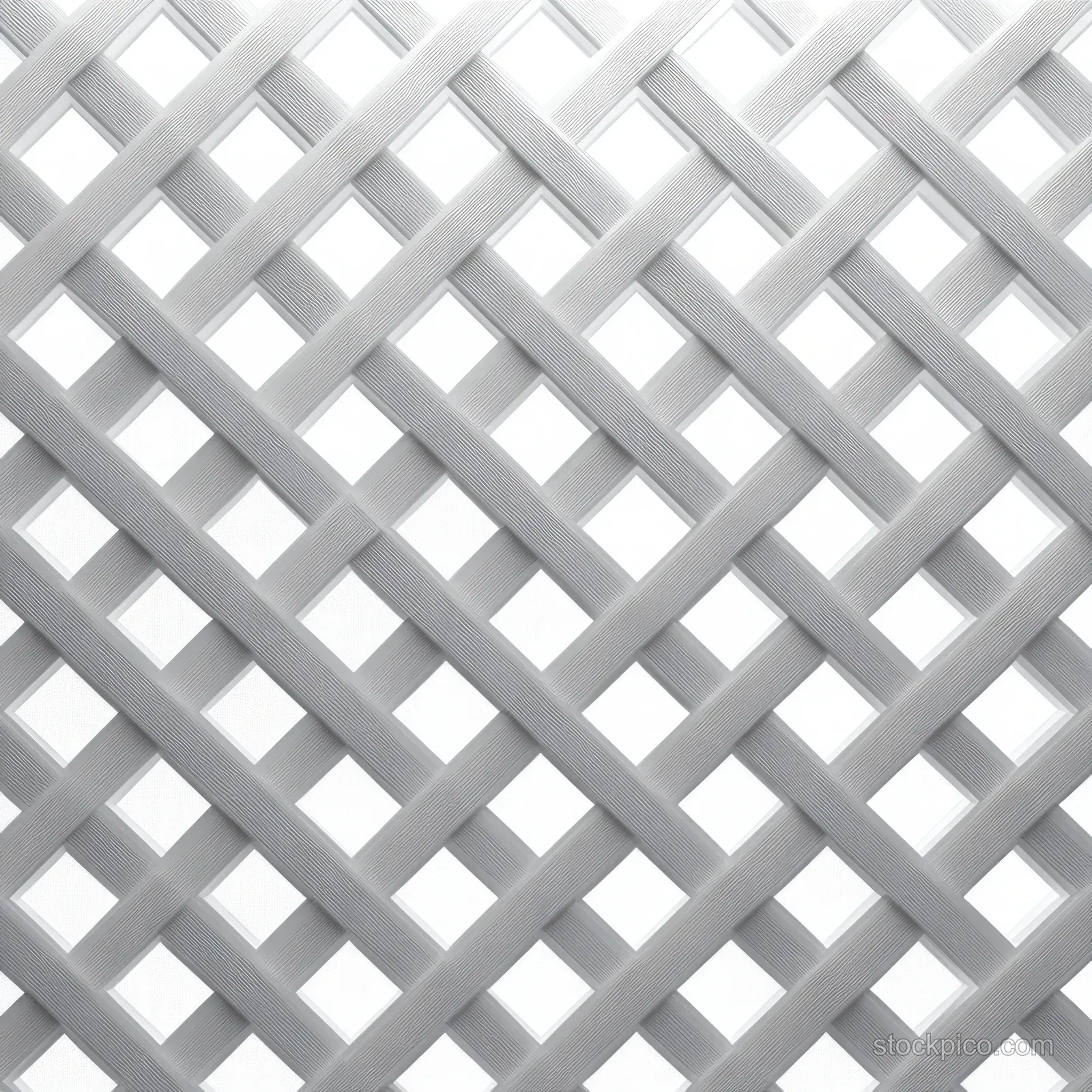 Close-up of white diagonal lattice slats forming repeating diamond openings on a light background.