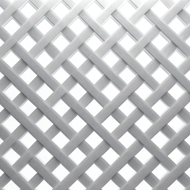 Close-up of white diagonal lattice slats forming repeating diamond openings on a light background.