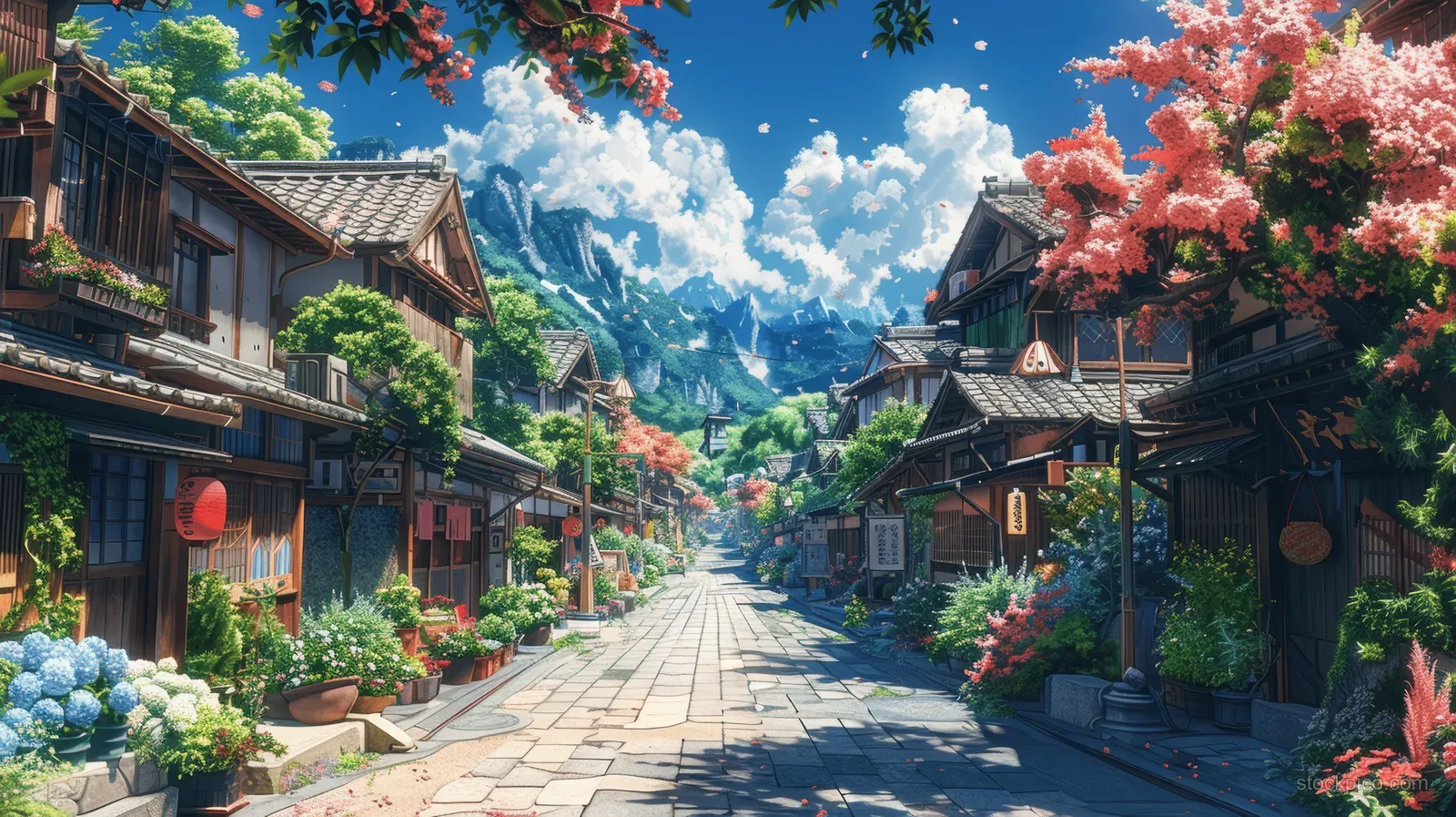 Sunny traditional Japanese street lined with wooden houses, lanterns, and blooming hydrangeas.