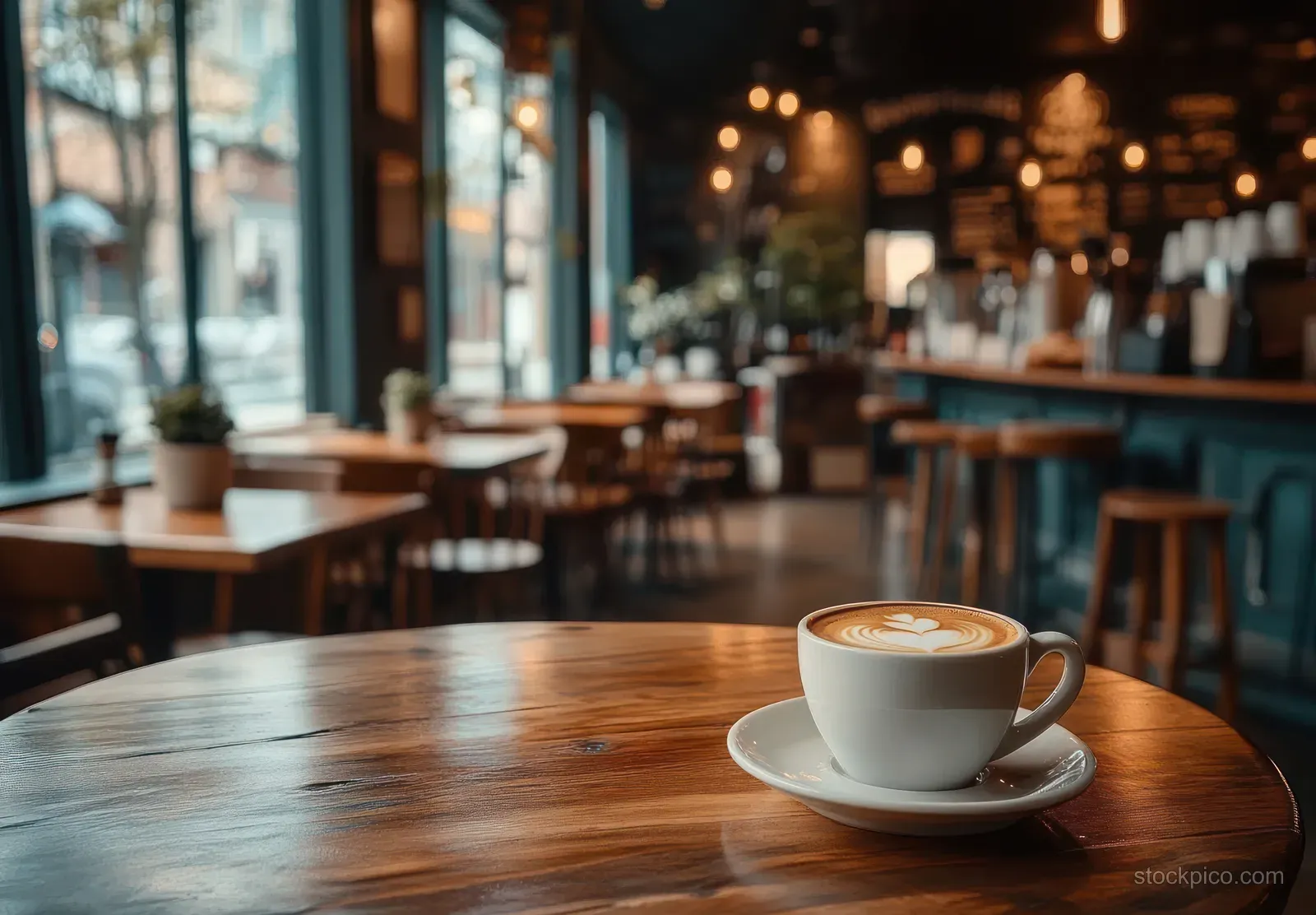 Latte coffee with foam art in a cup on a wooden table inside a warmly lit cafe with empty chairs behind.
