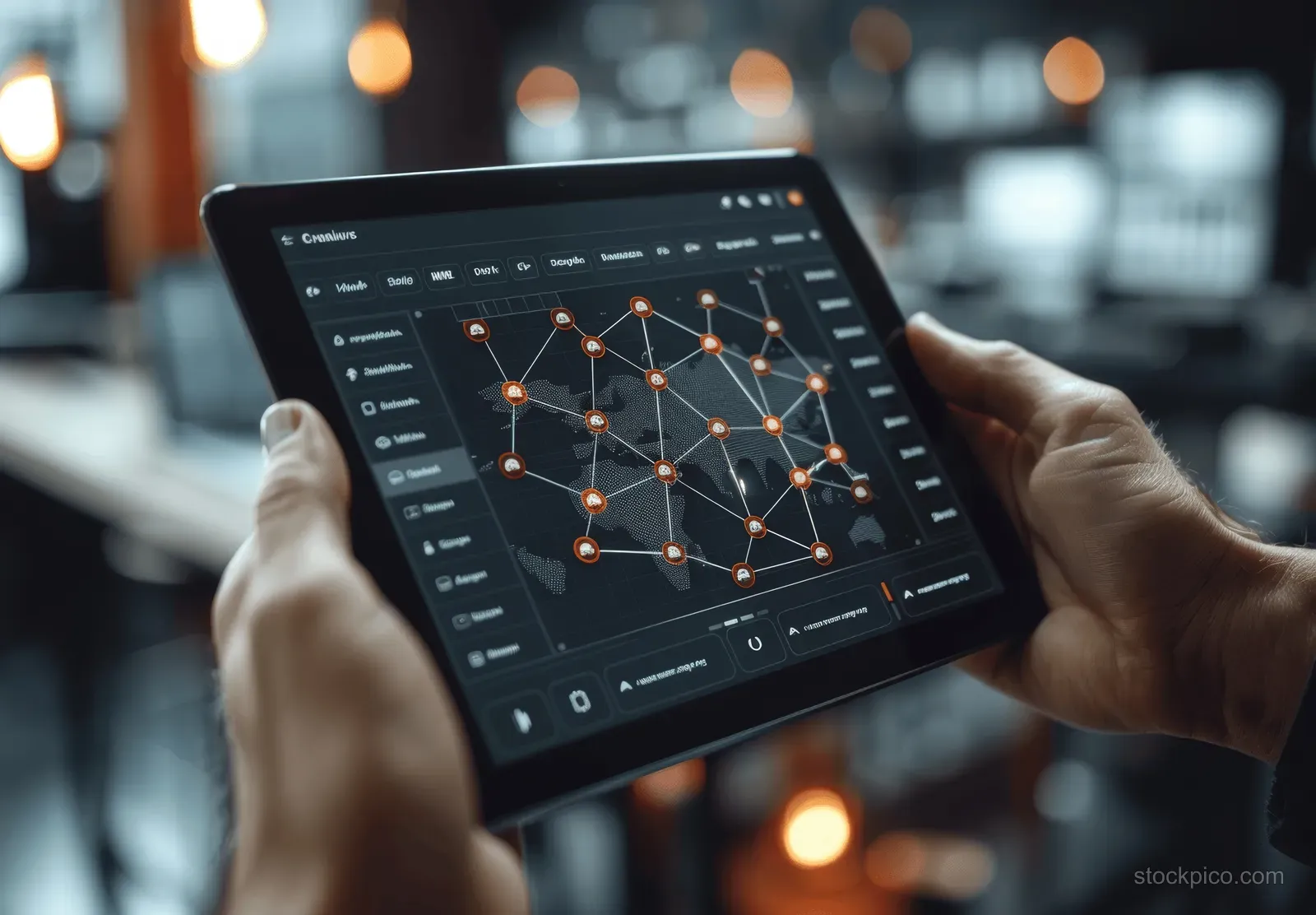 Hands hold a tablet with a dark UI showing a loading bar and interconnected network nodes.