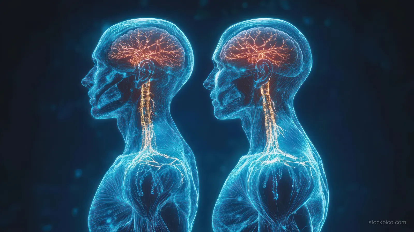 Two human side-profile figures display glowing brain and spinal cord neural pathways on a dark background.