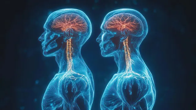 Two human side-profile figures display glowing brain and spinal cord neural pathways on a dark background.