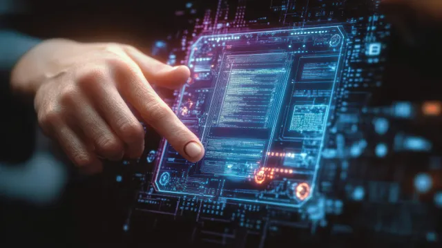 Close-up finger tapping a transparent holographic interface with glowing blue code panels