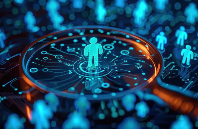 Magnifying glass focuses on a glowing person icon at the center of a blue network of connected nodes.