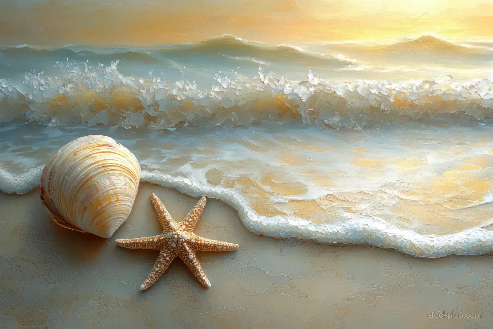 Seashell and starfish lie on wet sand beside foamy waves under golden sunset light.