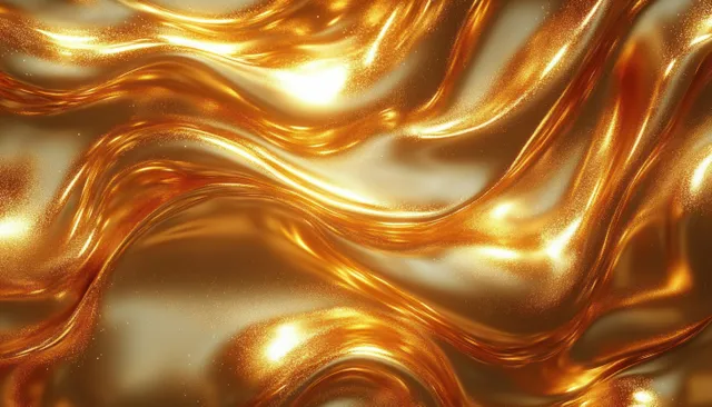 Flowing liquid gold waves with soft light, abstract 3D metallic shimmer background